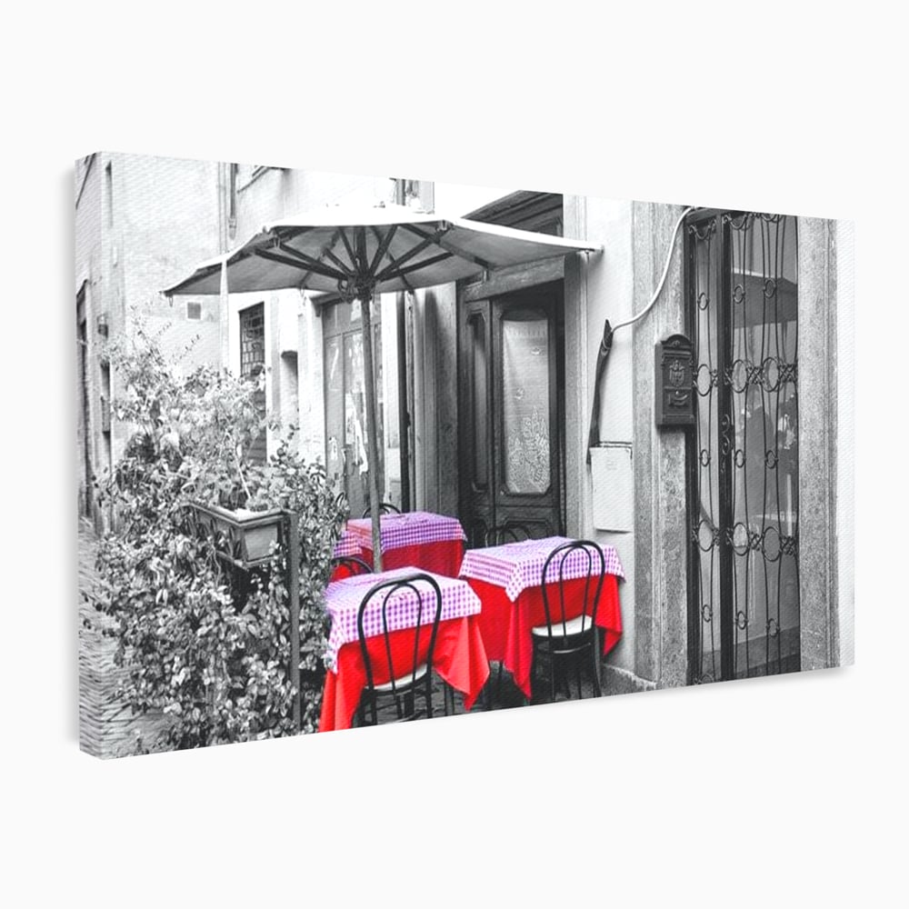 Tablou canvas cu cafenea stradala vintage alb negru cu pete de rosu, fara rama, pe sasiu de lemn